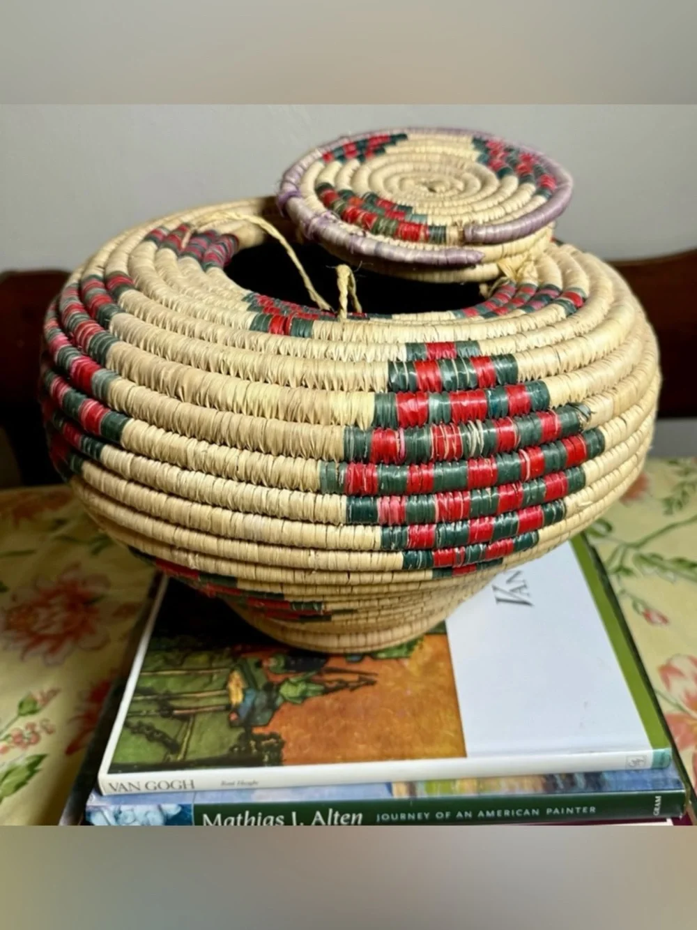 Vintage Handwoven Natural Grass Storage Basket with Red & Green Accents